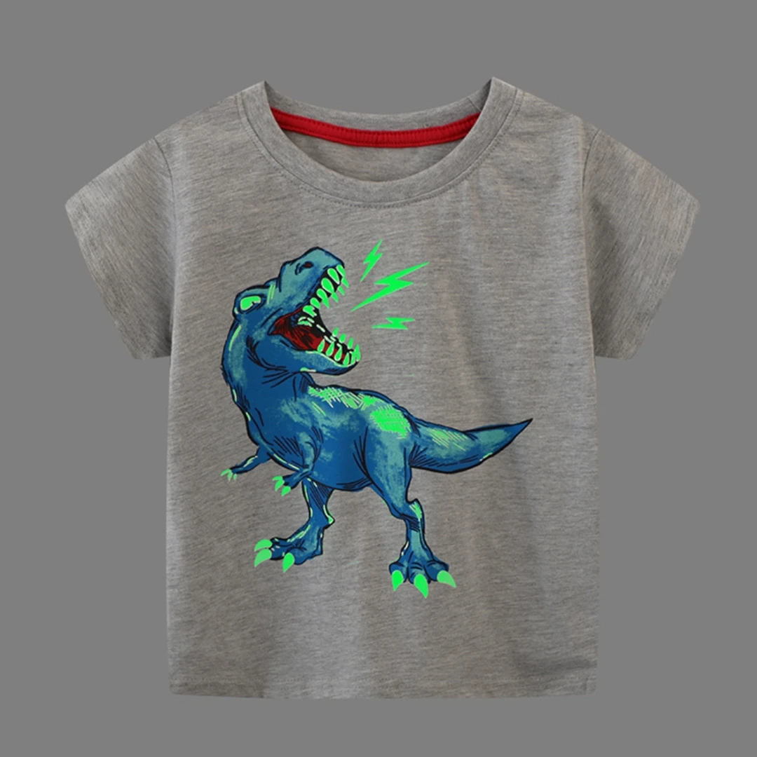 1-8T Glow In Dark Luminous Kids T Shirt for Boys Animal Print Dinosaur Grey Summer Cotton Navy Blue Tops Tees OKT239408