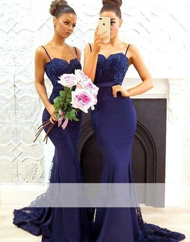 

ANGELSBRIDEP Spaghetti Straps Mermaid Bridesmaid Dresses Fashion Lace Applique Court Train Formal Wedding Party Gowns Hot