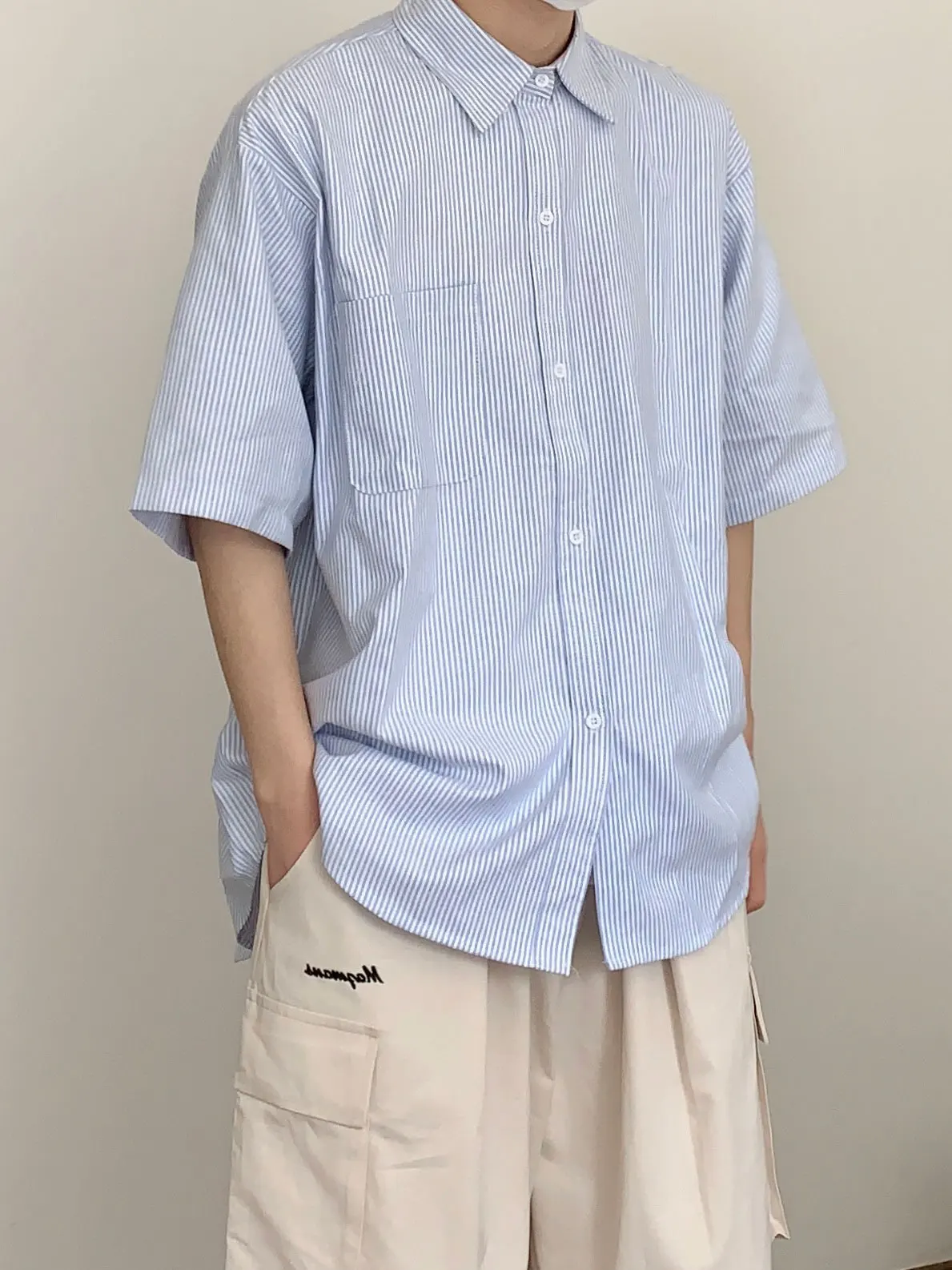 

Summer Loose Casual Blue White Stripes ort Sve irt Five-Button ket Workwear Jaet Trendy Loose Fit Youth irt