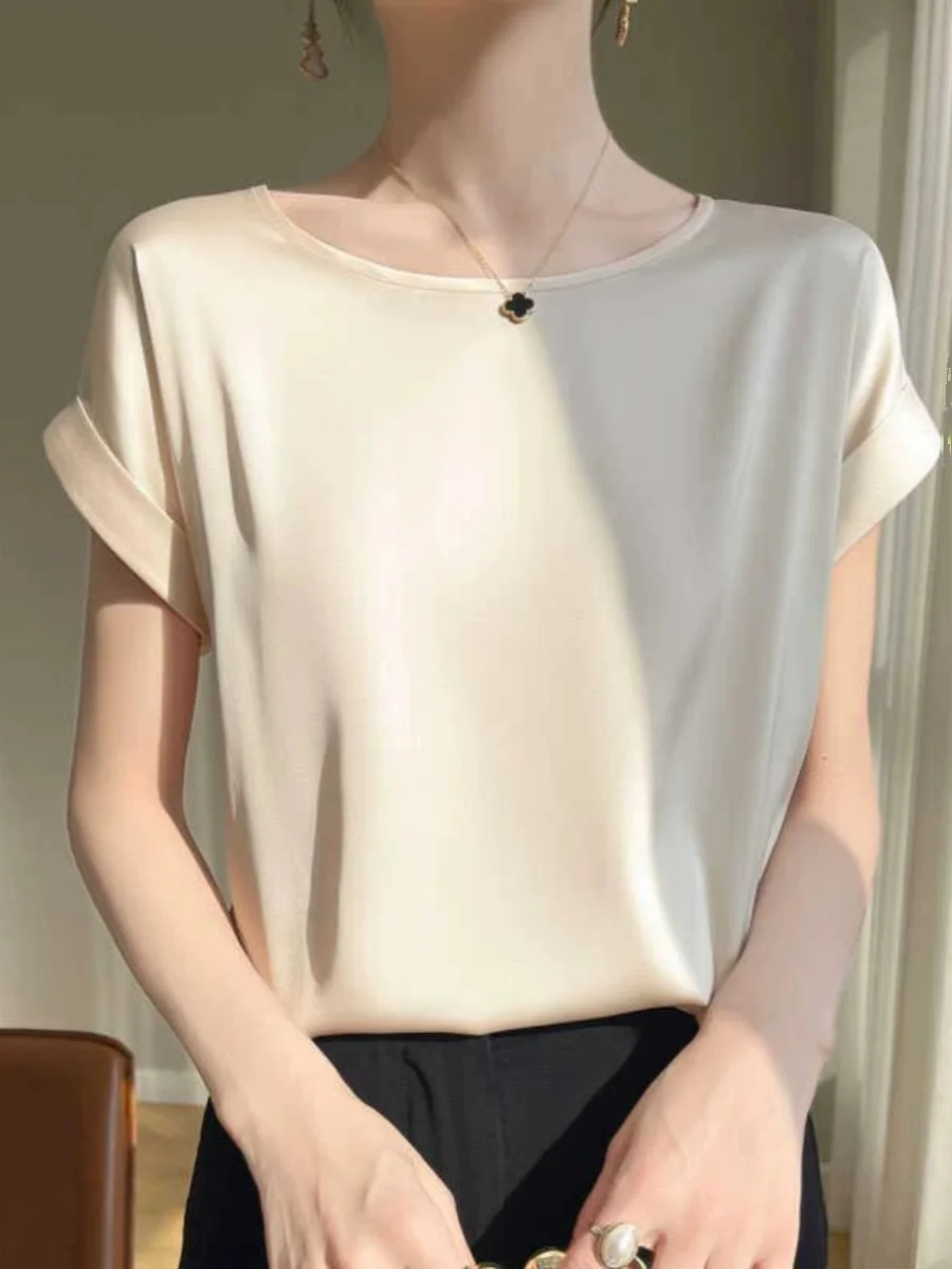 Silk ort Sve irt Summer New Sle Loose Faionable Schlankheits-Chiffon-Top Damen Premium Quali Round Ne Pul...