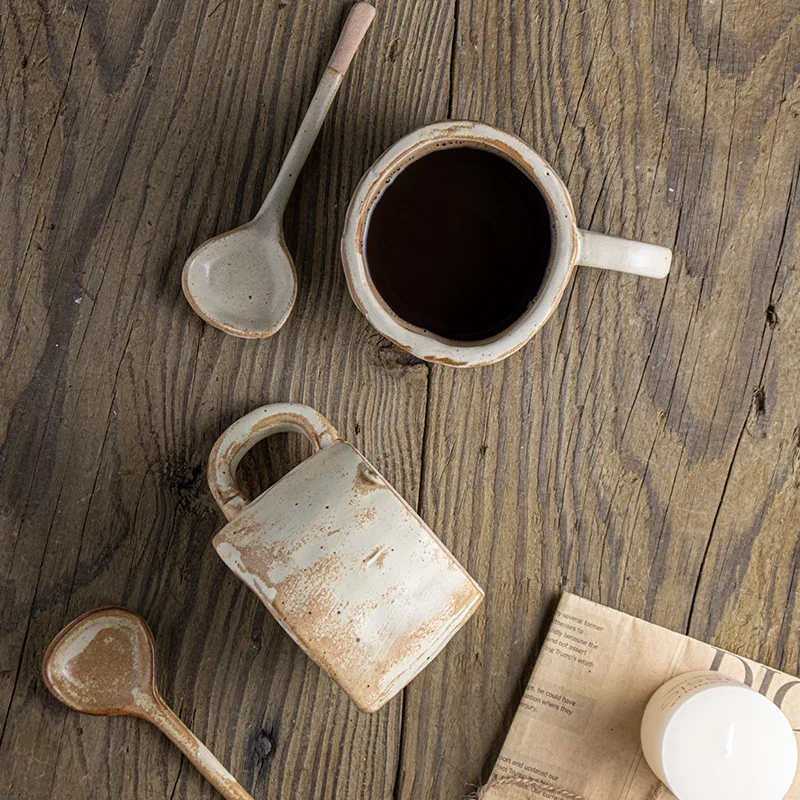 Japanese-Style Coarse Pottery Coffee Cup Hand-Pinched Vintage Ceramic Mug for Household Breakfast and Couple Water Cup Latte Cup