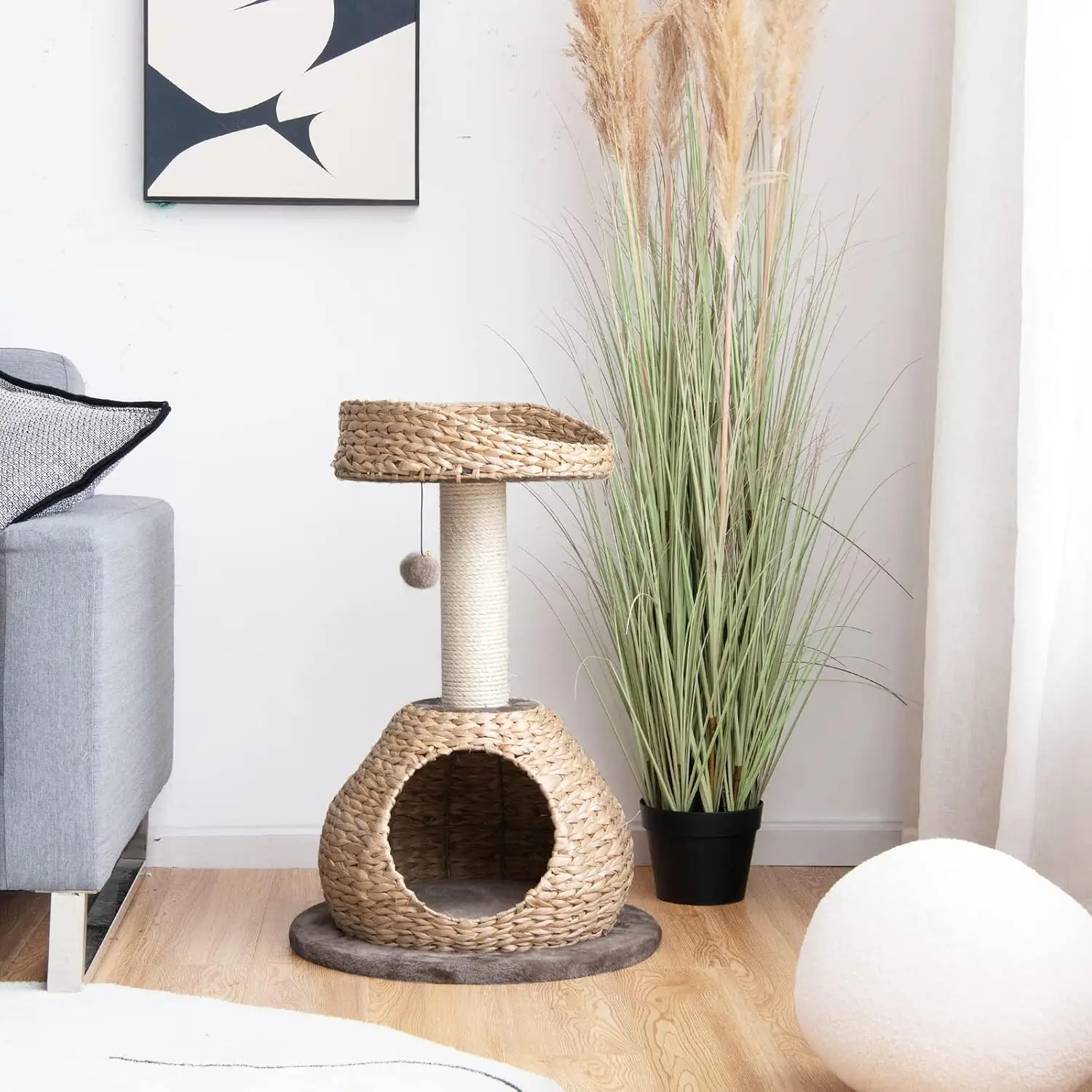 Modern Cat Tree, Small Cat Tower with Natural Sisal Scratching Post, Hand-Made Wicker Cat Condo & Top Perch, Customized