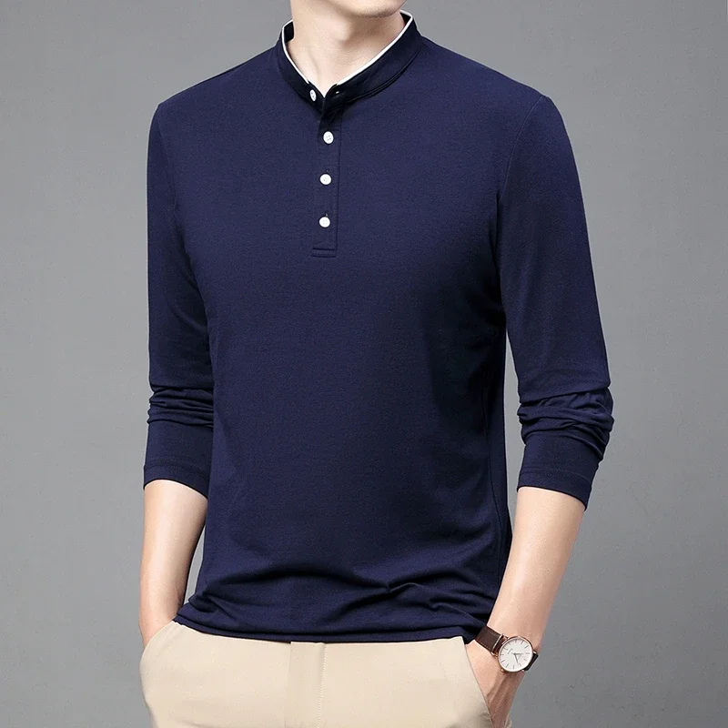 New Men's Business Casual Long Sleeved Cotton Solid Color Stand Up Collar Polo Shirt Fashionable Breathable Versatile Top