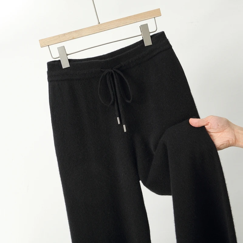 Otoño e Invierno nuevos pantalones 100% de lana pura pantalones de pierna ancha informales ajustados sueltos planos con cordón de cintura elástica para hombres