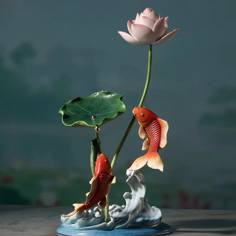 Chinese Style Copper Fish Lotus Figurine Creative Exquisite Home Decor Craft Ornament Ideal Housewarming Present