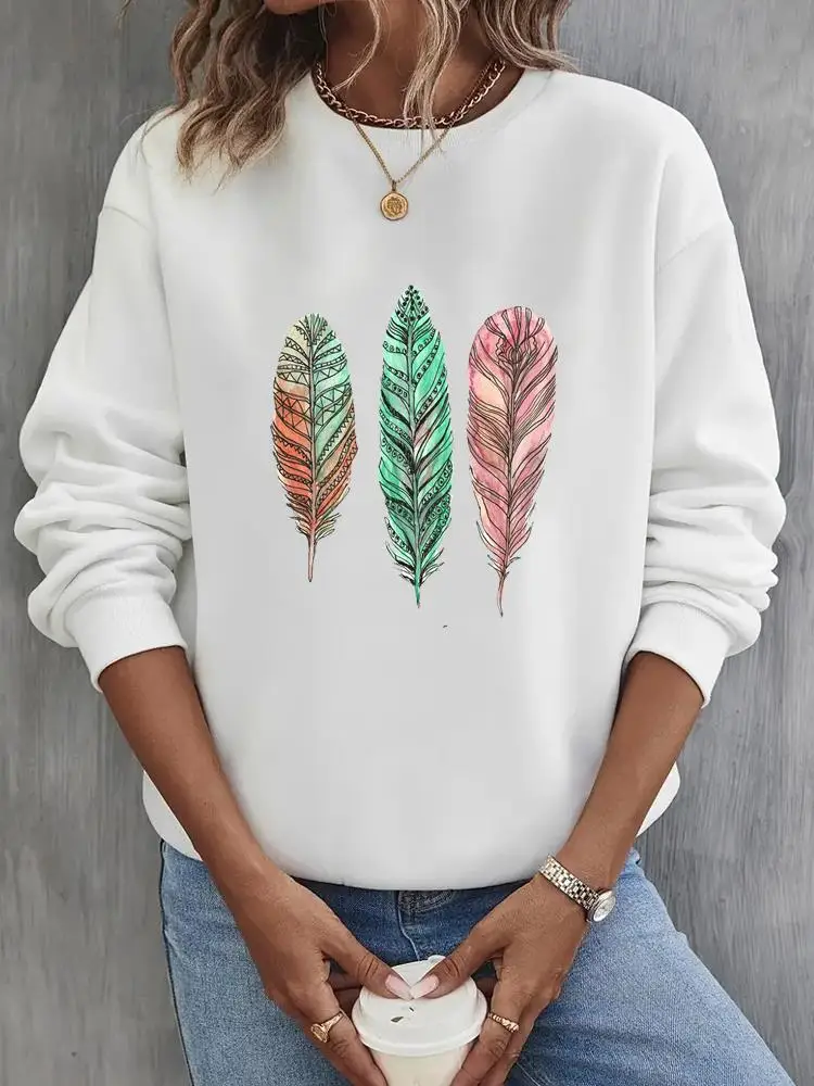 

Feather Style Cute 90s Lovely Clothing Pullovers O-neck Print Fashion Lady Fleece Casual Women Cartoon Graphic Sweatshirts