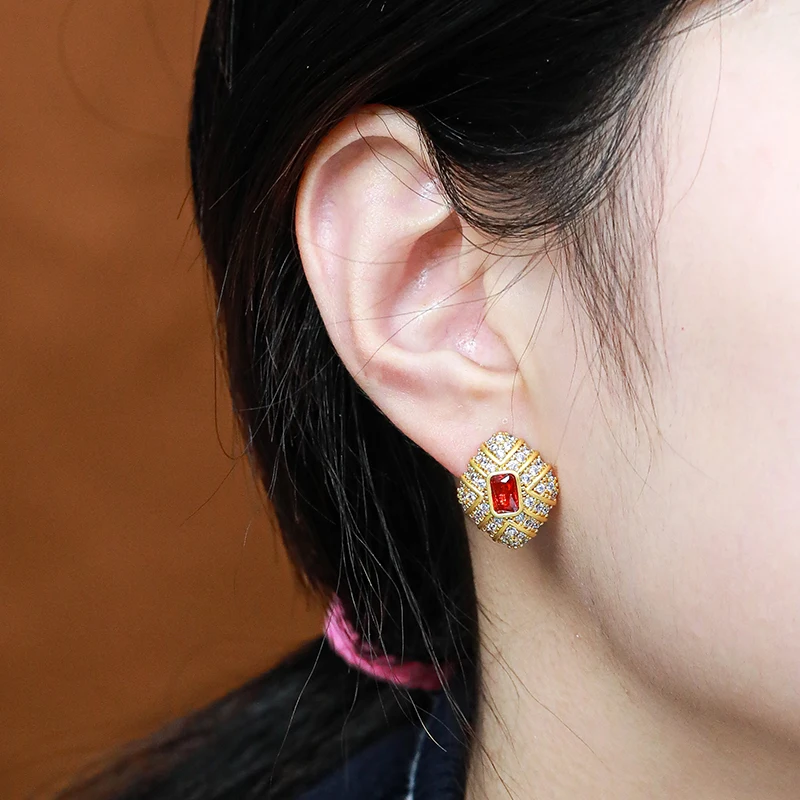 Shining Zircon Square Stone Earrings with  Rhinestones and Red Czech Stones Exquisite Fashionable Earrings for Women