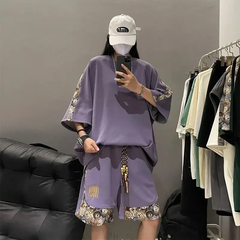 Suit Two Piece Set Summer Men Sweatpants Sweatshirts Leisure Motion Chinese Retro Lovers Breathable Loose Fashion Splicing New