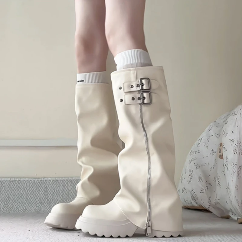 Punk StyleThick Bottom Women Trouser Legs Knee-High Boots Chunky Heel Female Pleated Leather Knight Long Booties Shoes Plus Size