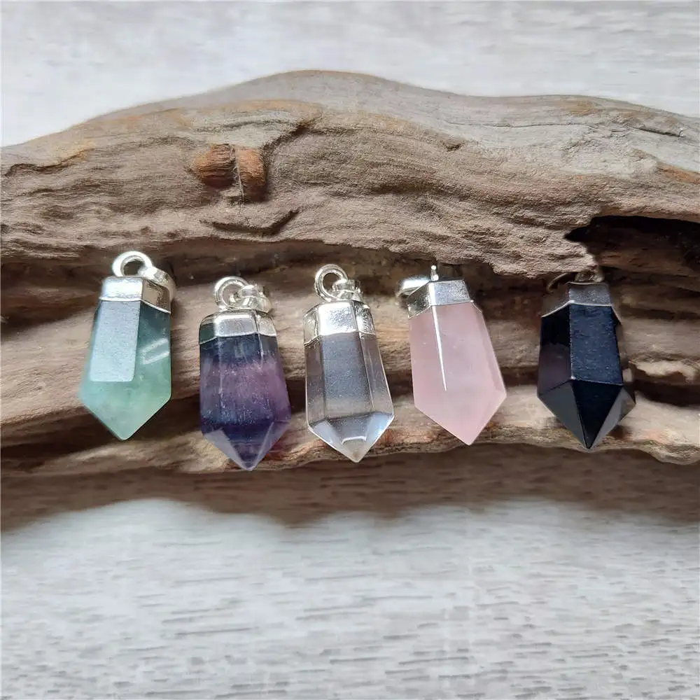 FUWO Wholesale Natural Clear Quartz Point Pendants,Silver Plated Bullet Shape Energy Healing Crystal Accessories 5Pcs/Lot PD004Y