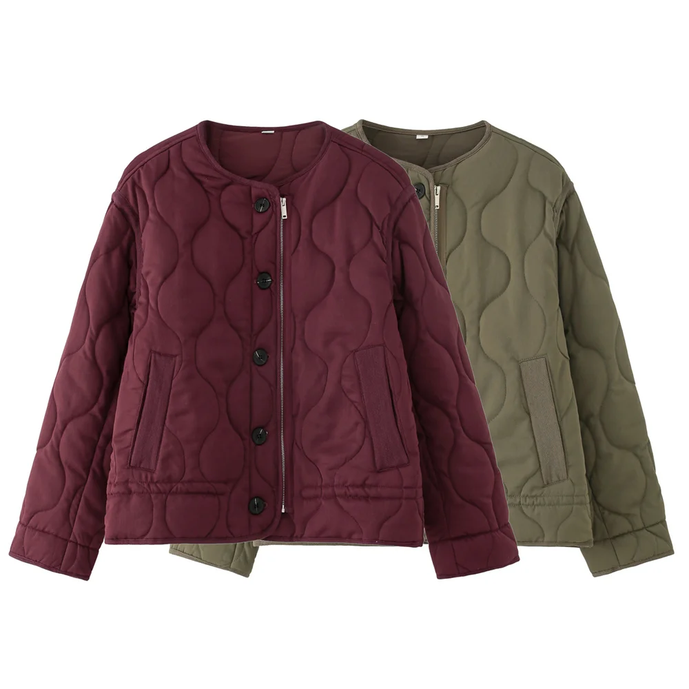 

BMURHMZA Women's New Casual Solid Color Loose Quilted Cotton Jacket Cotton Coat Button Decoration Jacket Top