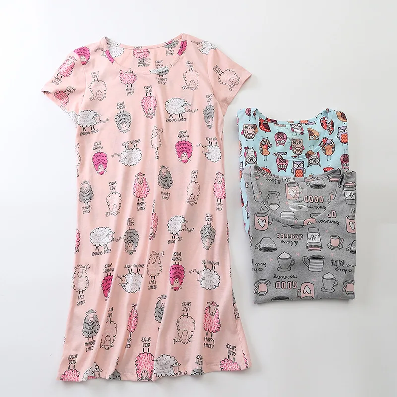 

2026 Summer Sleepshirt Women Causal Cartoon Nightgown Soft Cotton Nightdress Female Short Sleeve Loungewear Dress Sleeping Dress