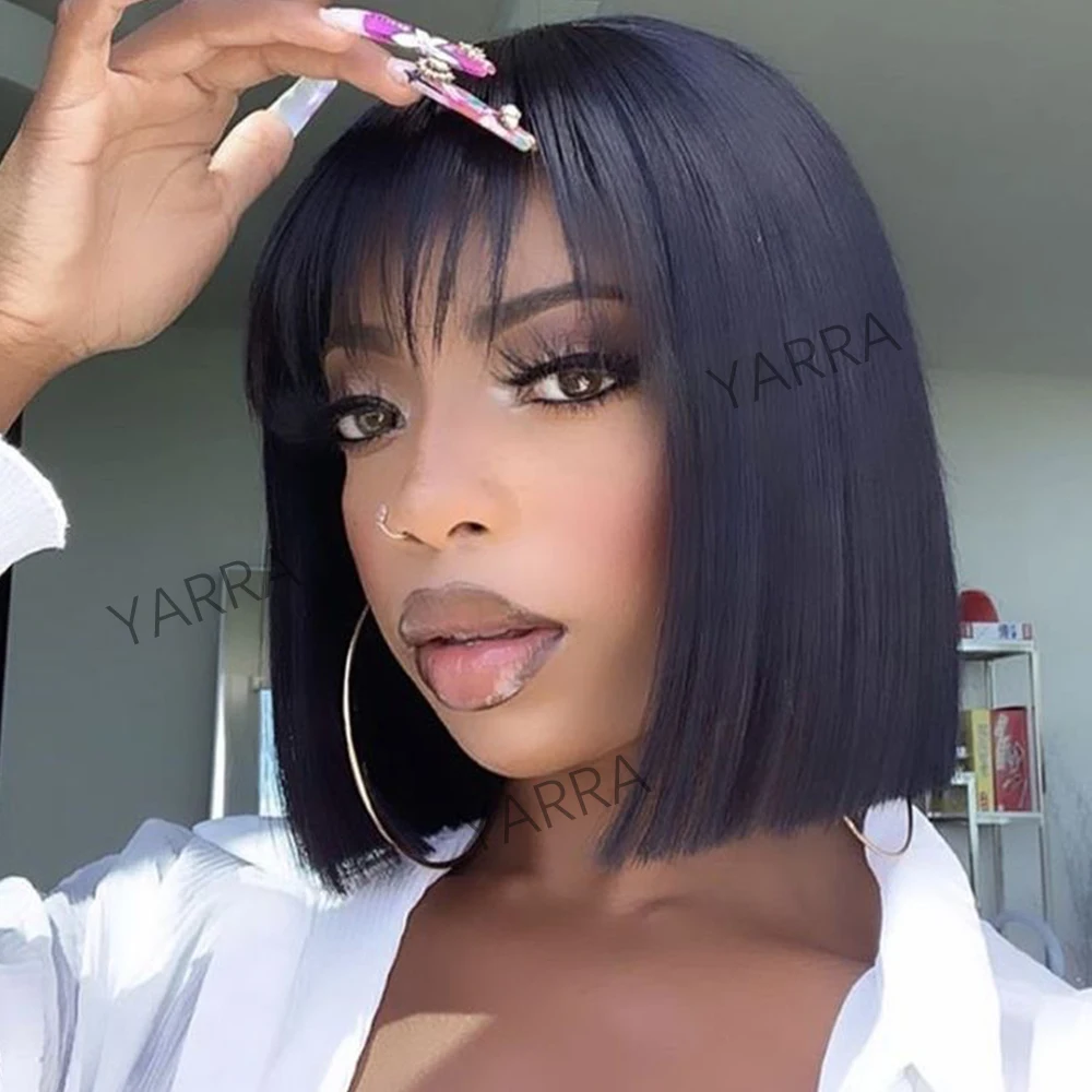 Yarra Straight Wig Bob Wigs Full Machine Made Bone Straight Human Hair Wigs With Bangs Short Bob 100% Human Hair Wigs For Women