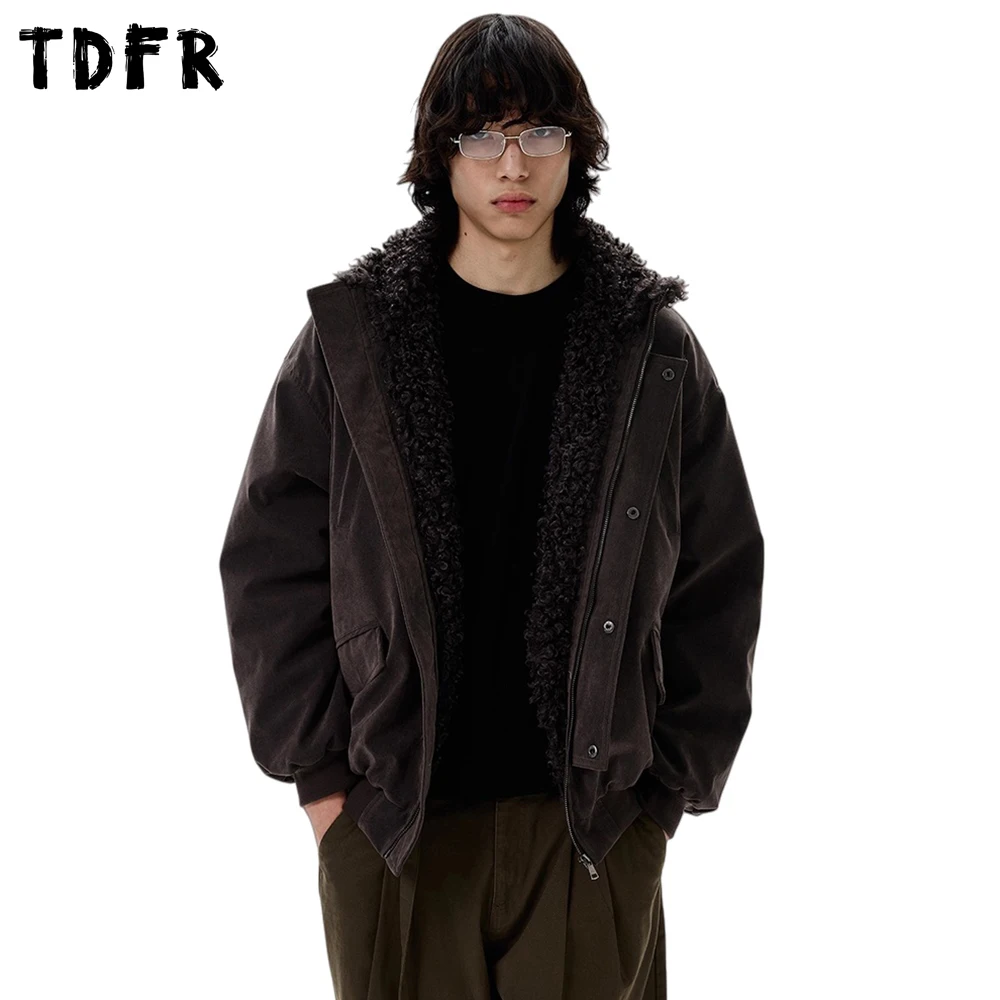 

Multi-Pocket Suede Padded Jacket Mens Retro Cargo Winter Thick Fur Collar Long Sleeve Quilted Jacket Man Outerwear