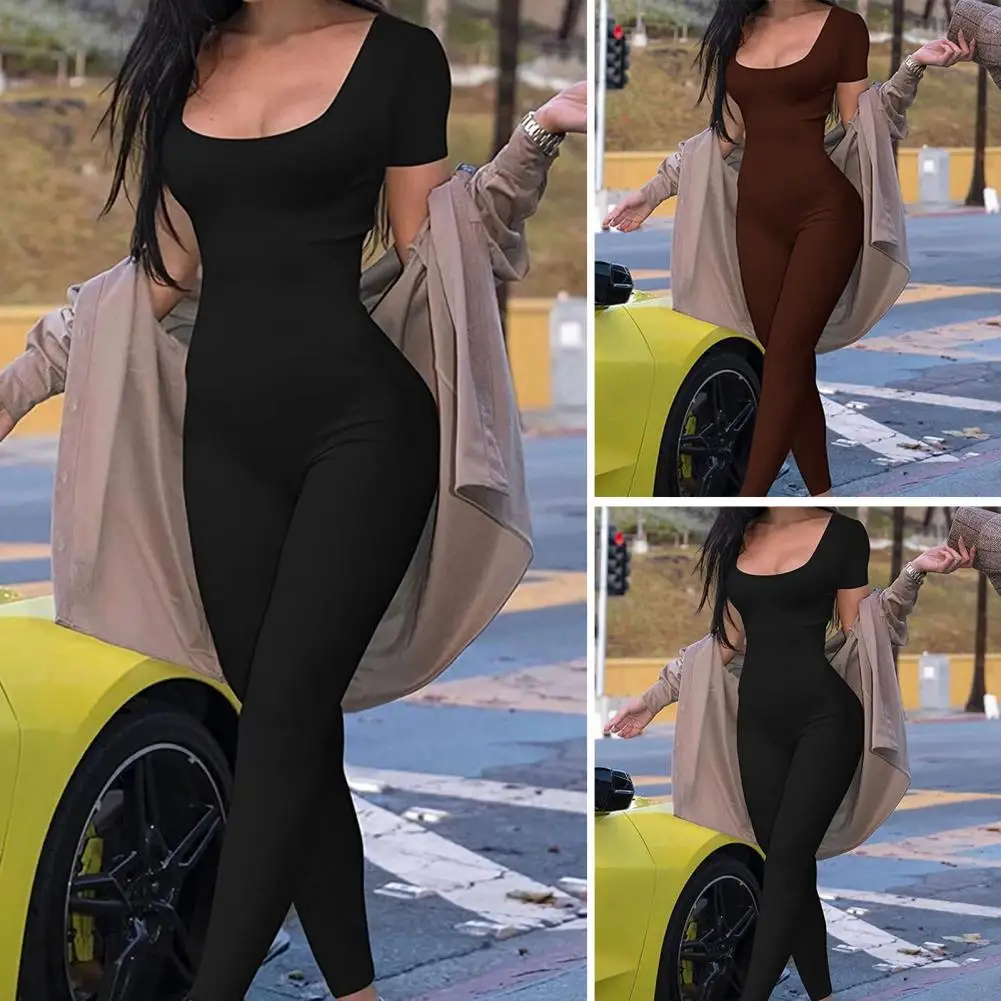 Basic Bodycon Jumpsuit Women's Clothing Casual Brown Fitness Rompers 2024 Playsuit Activity Streetwear Overalls Gym Sports