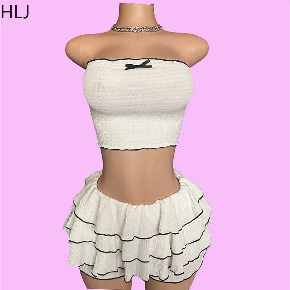 HLJ Y2K Fashion Sweet Ruffles Shorts Two Piece Sets For Women Bow Slim Tube And Stacked Shorts Outfits Sexy Female Streetwear