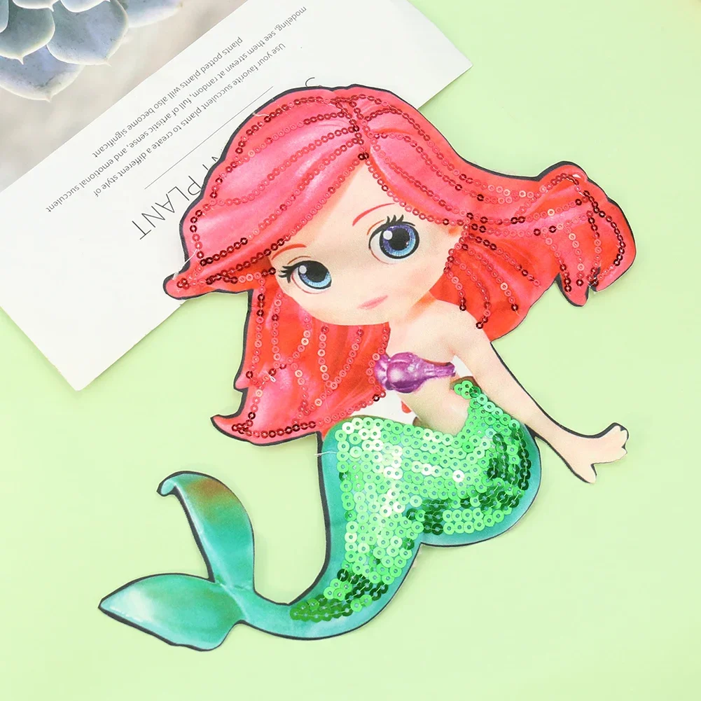 Cartoon Mermaid Embroidery Applique Sequin Clothing Crafts Large Patches DIY Garment Sewing Supplies Kids Princess Skirt Finishe