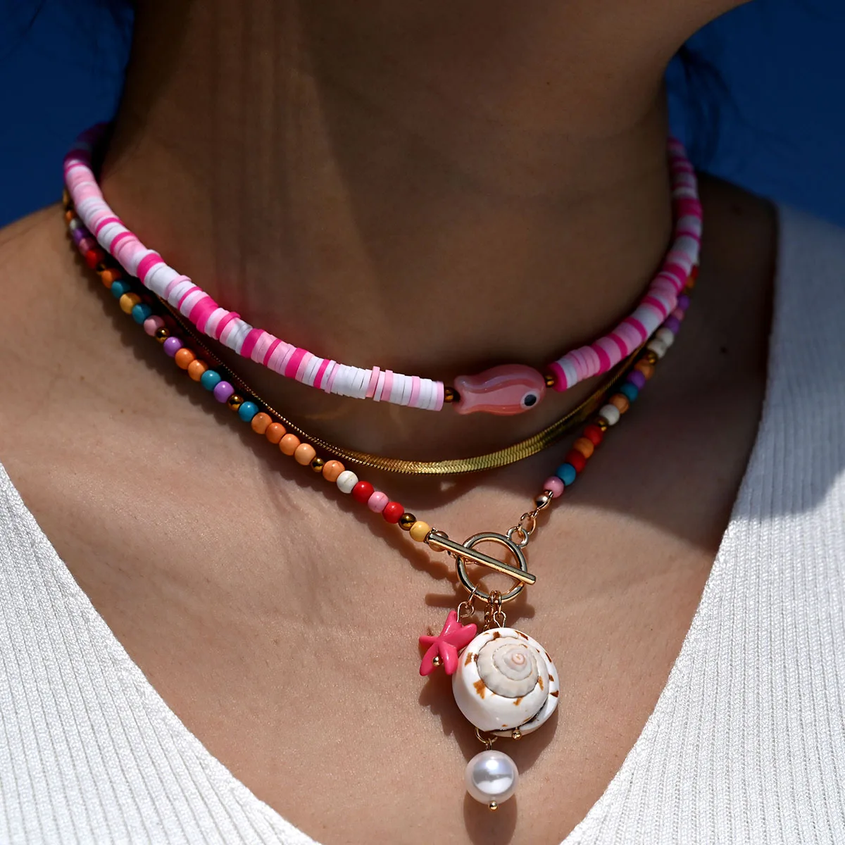 Kalung Liontin Ikan Keramik Warna-warni Gaya Bohemian untuk Wanita, Manik-manik Tanah Liat Polimer Lembut, Multiwarna, Perhiasan Pantai