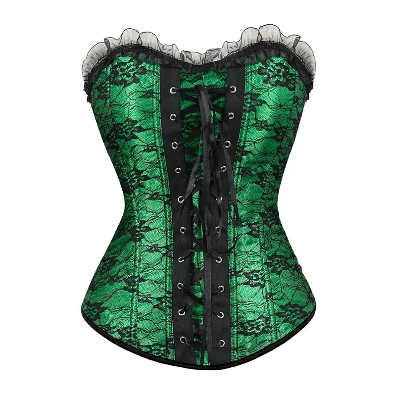 Vintage Style Floral Lace Corsets Bustiers for Women Sexy Front Tie Up Boned Overbust Corset Basque Corselet Elegant Fashion Red