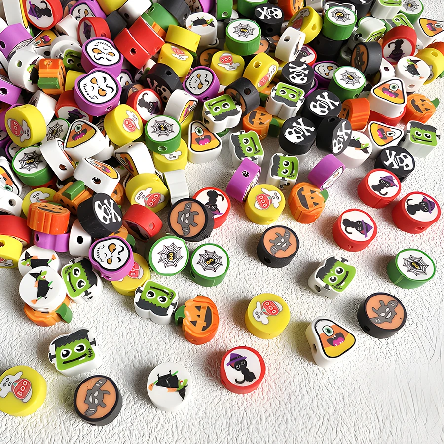 100pcs Mixed Halloween-Themed Polymer Clay Loose Beads For Jewelry Making Diy Bracelet Necklace Earrings Accessories