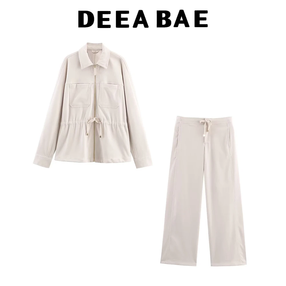 Deeabae 2025 outono novo produto feminino usar gola flip ajustável cintura bolso decoração casaco perna larga calças casuais conjunto