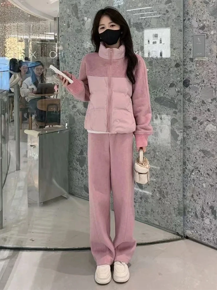 

Модный твидовый повседневный спортивный костюм для женщин: осенне-зимний комплект из двух предметов с пуховиком в стиле пэчворк и брюками с широкими штанинами