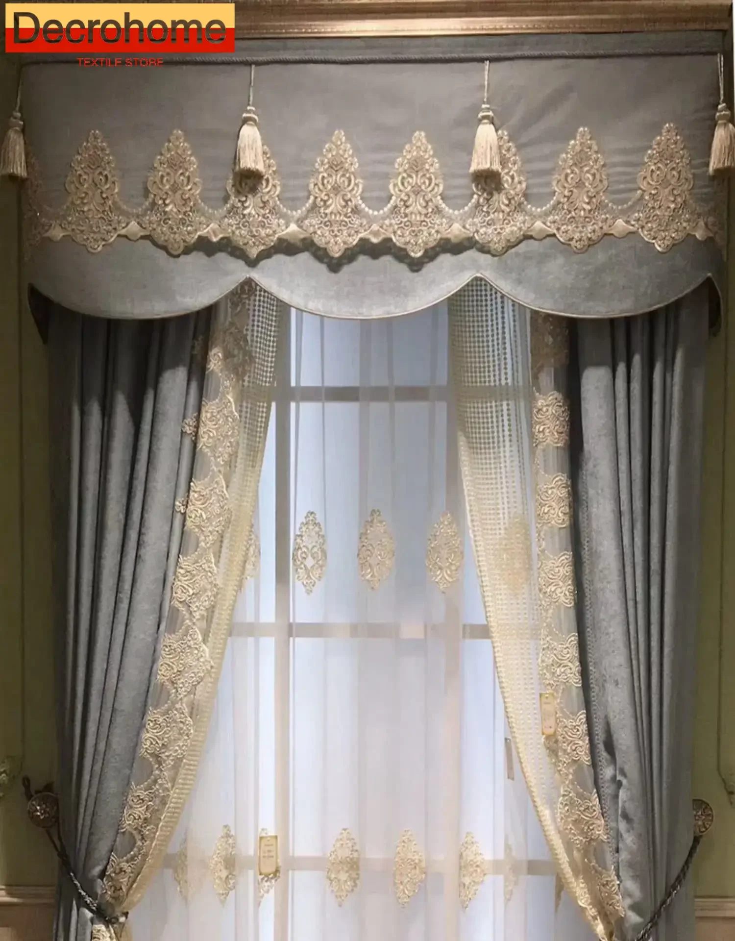 Customized Light Blue Lace Embroidery Lace Splicing Curtains for Living Room Bedroom French Window Balcony Window Screen