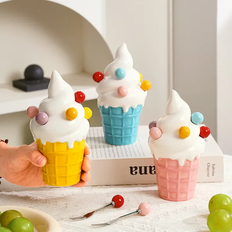 

304 Stainless Steel Fruit Fork Household Cute Ice Cream Shaped Ceramics Storage Can Set For Children Safety Small Fruit ForkZI96