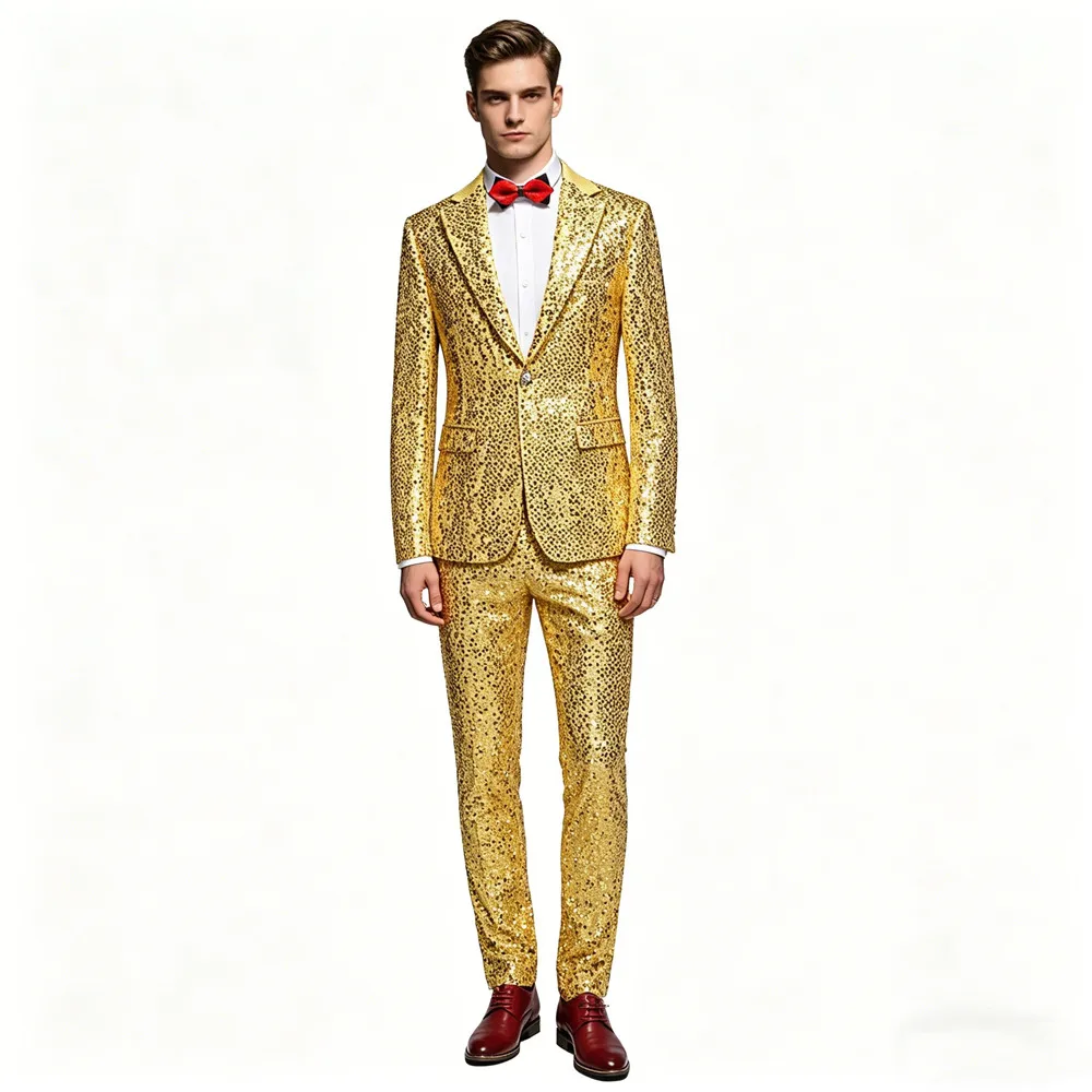 

Men's Gold Silver Sequins Shiny Suit Two Piece Set with Tuxedo Pants for Wedding Party Singer Stage Performance Host Costume