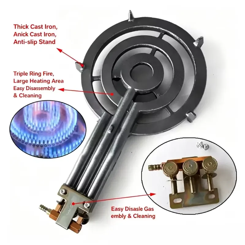 High Heat Three Ring Burner Head Commercial Stove Parts Even Heating For Street Food Stall Pancake Flat Cookware