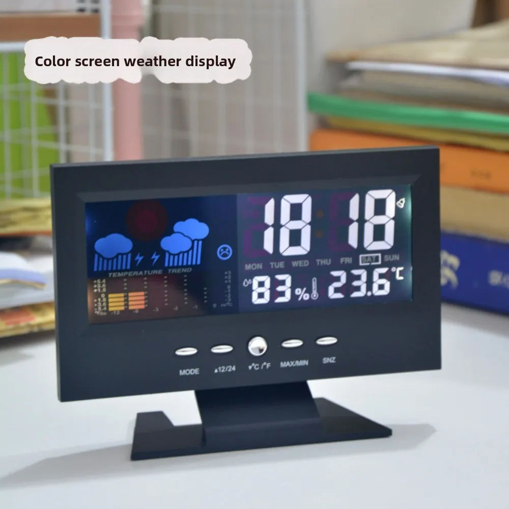 Large Display Weather Station Clock - Color Screen Temperature & Humidity Monitor Voice-Activated Digital Alarm Clock for Home