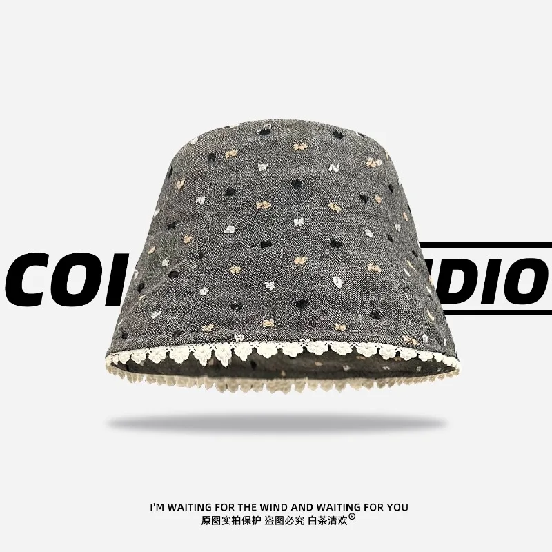 

New Retro Lace Color Point Embroidery Bucket Hats Women Summer Travel Sunscreen Versatile Show Face Small Sweet Basin Caps