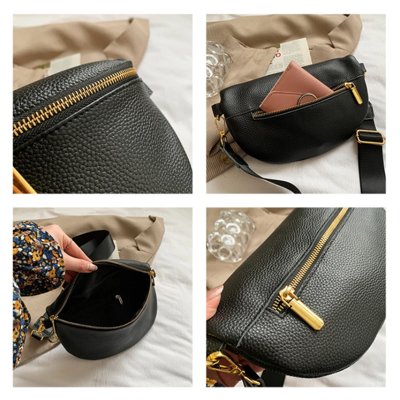 Vintage Fanny Pack Luxury Woman Banana Waist Bag Wide Shoulder Strap Crossbody Chest Bag Soft Leather Designer Sac A Main Femme