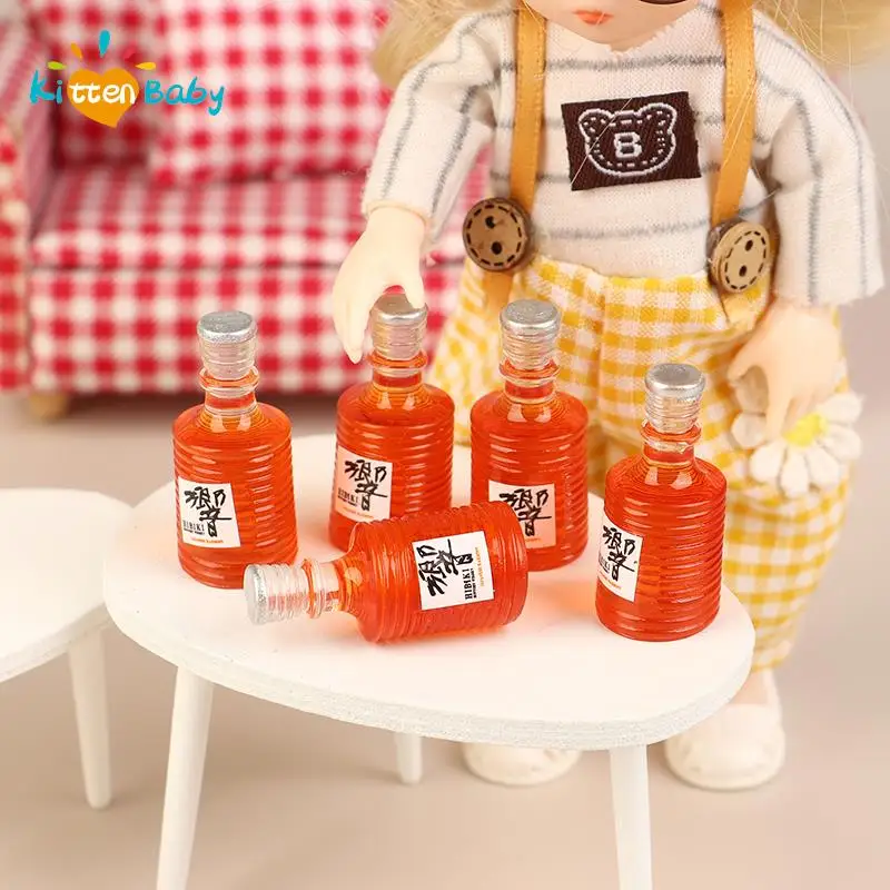 5pcs 1/12 Miniature Dollhouse Accessoreis Mini Wine Bottle Drinks Strawberry Jam Food Furniture Model Toys For Doll House Decor