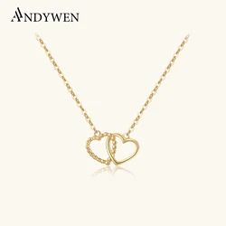 ANDYWEN New 925 Sterling Silver Gold Double Heart Twist Pendant Long Chain Charm Women Necklace Fine Jewelry Gift