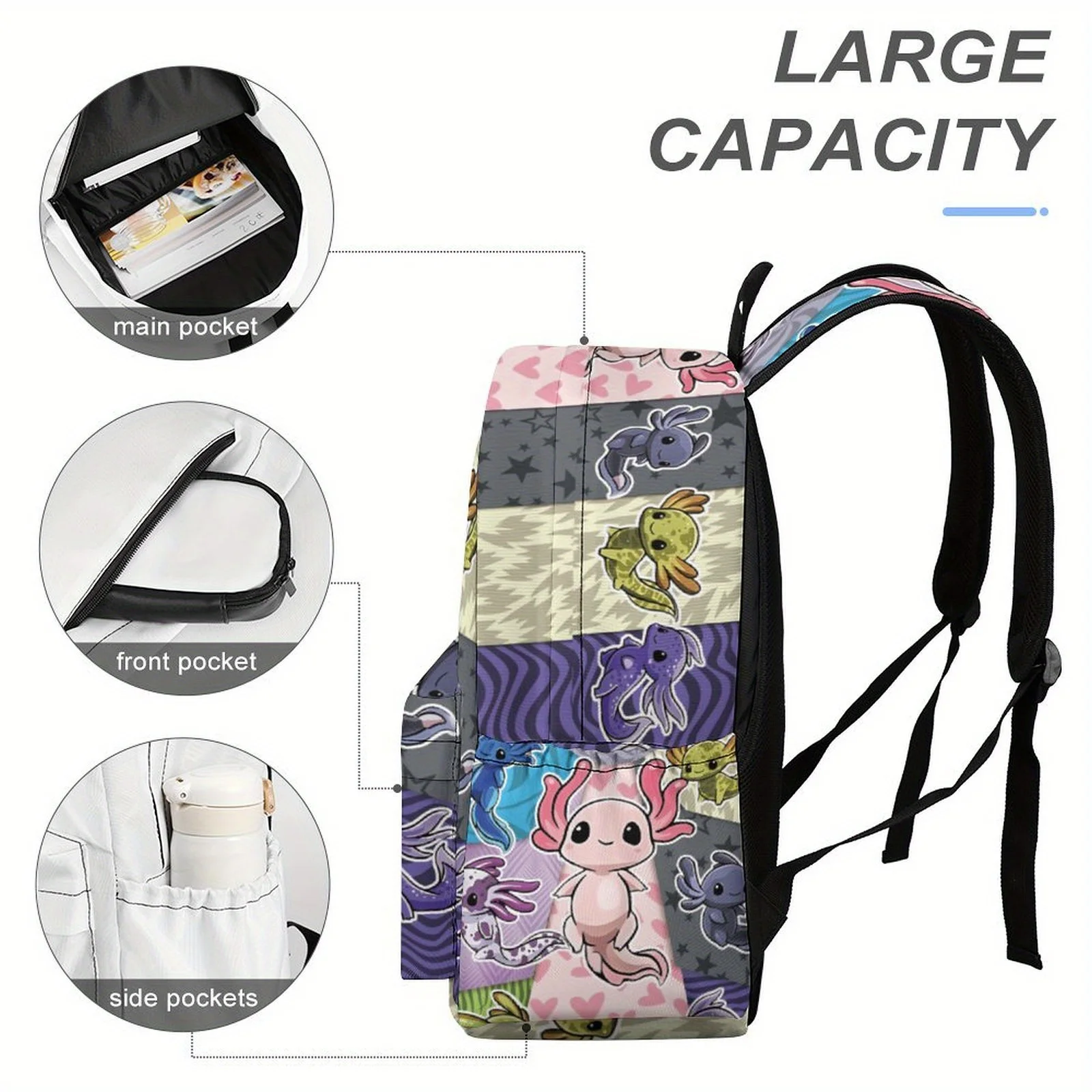 Cute Axolotl Backpack Bookbag with Cartoon Salamander Lightweight Oxford Cloth Adjustable Straps Zipper Closure Machine-Washable