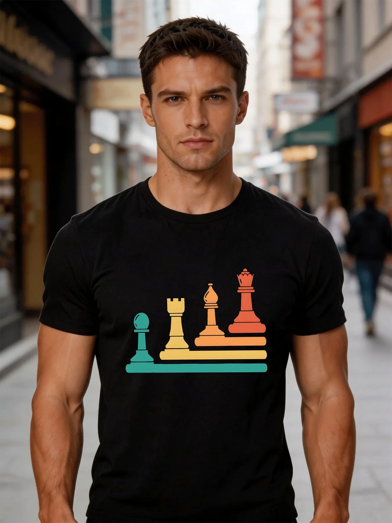 Men Red Crew Neck Tee Gradient Color Pawn Rook Bishop Queen Chess Pieces Graphic Retro Board Game Lover Casual Cotton Tops