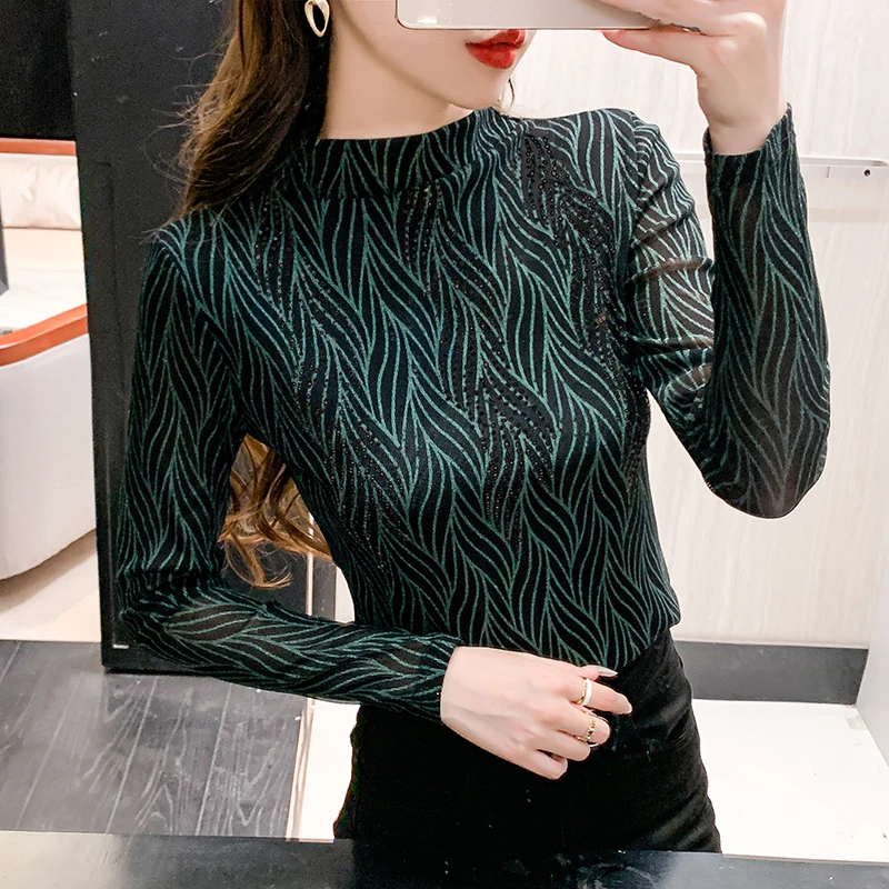 

Spring Fall European Clothes Tight T-Shirt Fashion Sexy Shiny Diamonds Print Striped Women's Tops 2023 New Slim Tees 2052