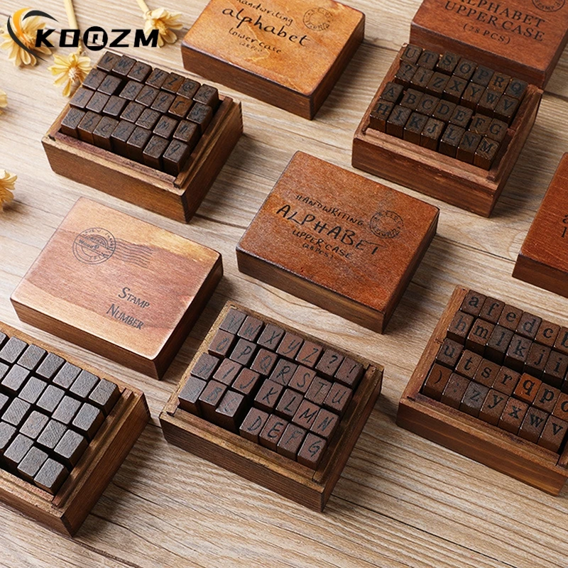 28Pcs Alphabet Stamps Vintage Wooden Rubber Letter Standard Stamp Set For Craft Card Making Planner Scrapbooking Journals