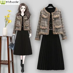 Autumn and Winter Fashion Set Women's 2023 New Korean Edition Small Fragrance Coat Slim Dress Elegant Women's Two Piece Set