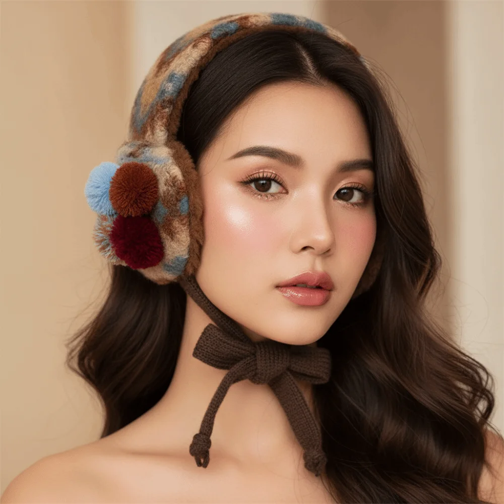 Brown Retro Knit Earmuffs Soft Thickened Vintage Pom Earmuff Color Block Lightweight Tie Up Ear Covers Students