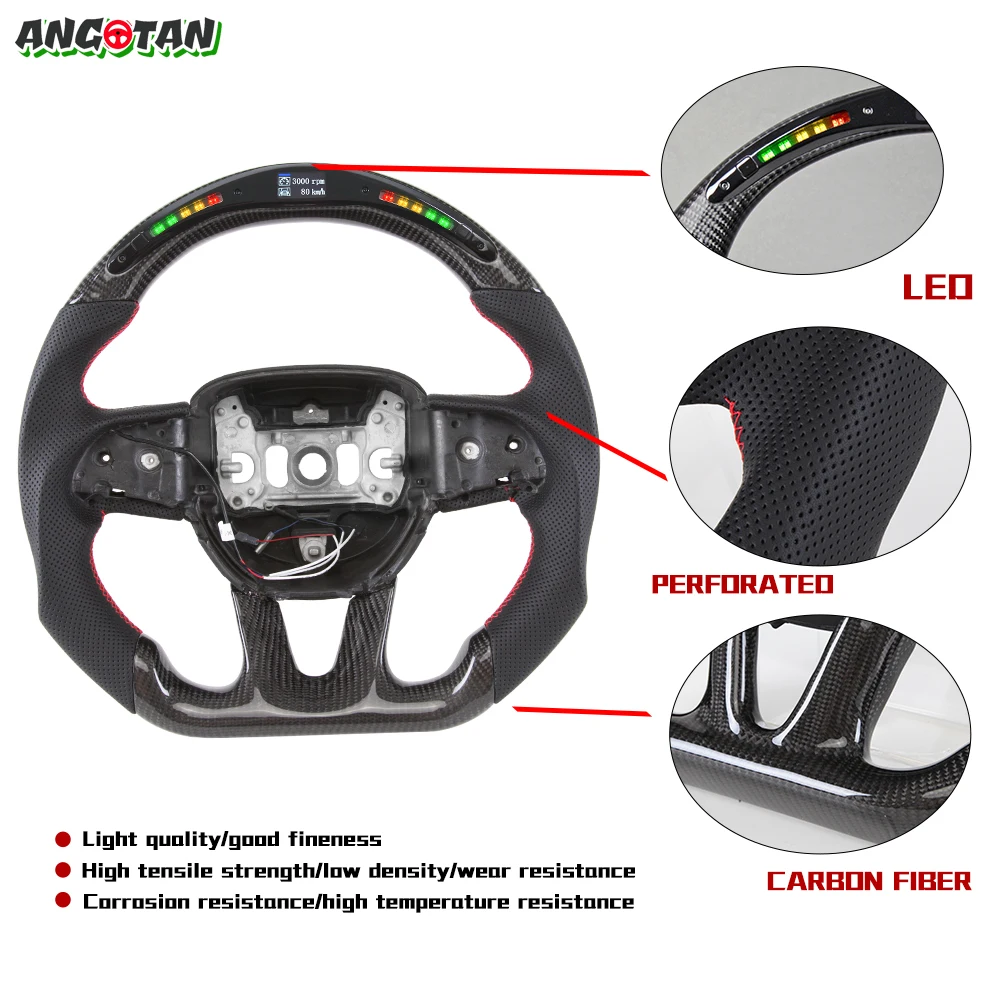 Dry LED Carbon Fiber Steering Wheel For Dodge Challenger Charger 2015-2024 Jeep Grand Cherokee SRT 2014-2024 Preforated Leather