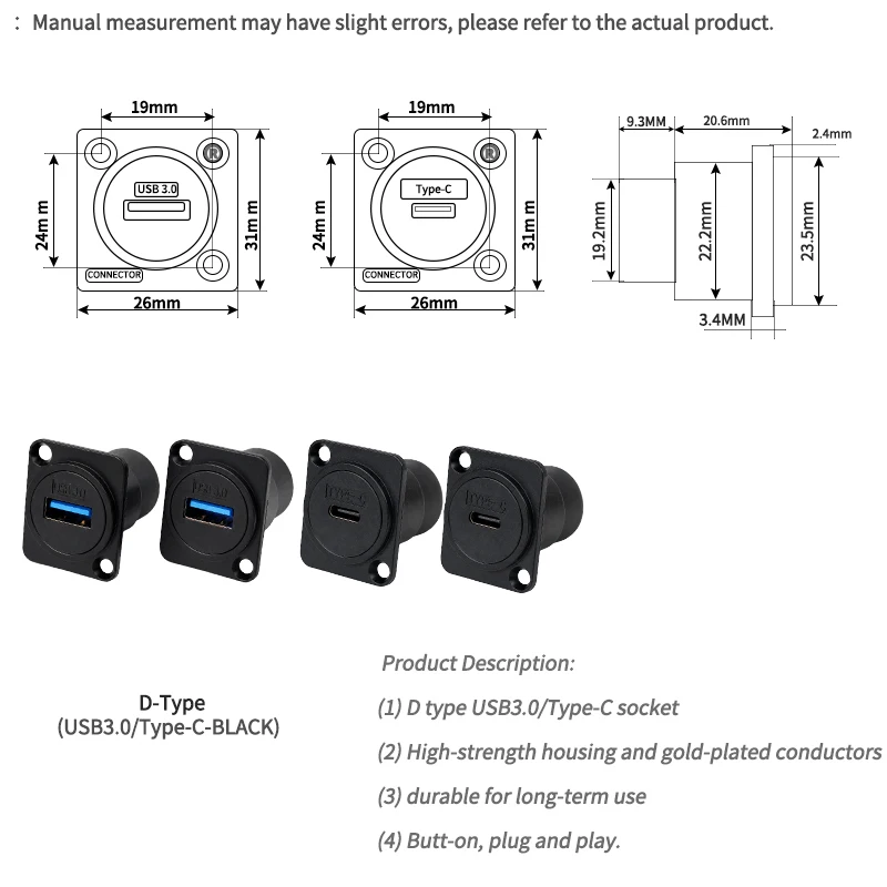 1PC D Type Panel Mount Coupler USB 3.0 Type C HDMI Female to Female Feedthrough Socket Adapter for AV Rack Cabinet Chassis Panel view 2