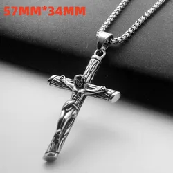 HNSP Jesus Cross Stainless Steel Pendant Chain Necklace For Men Jewelry Catholic Crucifixes Rosaries Religion Accessories