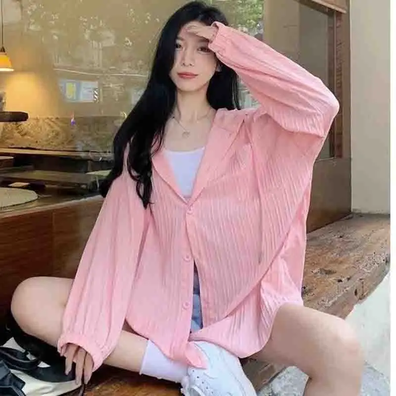 

New Summer Women Solid Color Hooded Cardigan Blouse Thin Sunscreen Coat Female Mid length Stripe Sunscreen Shirts Jacket