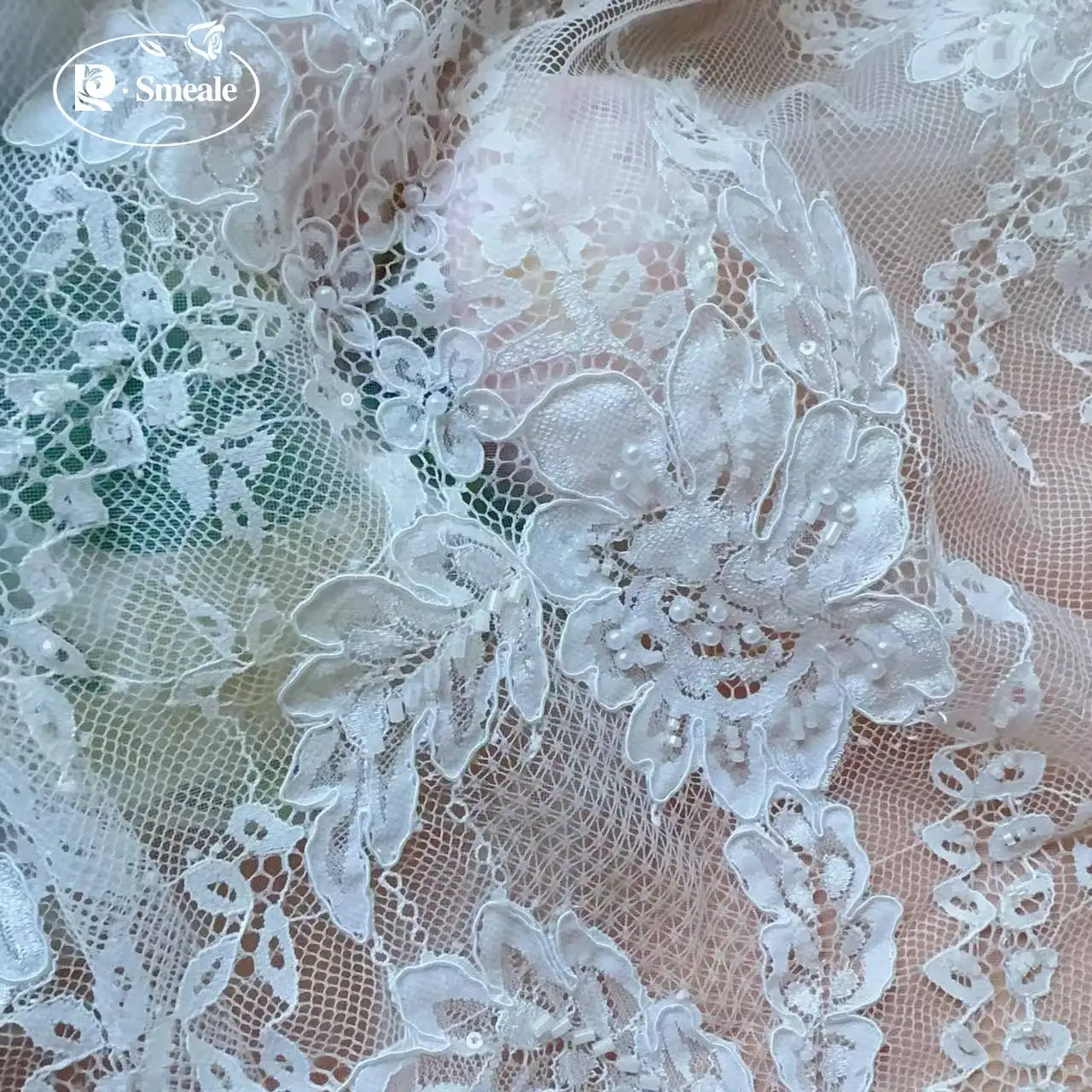 3Meters.White Beads Flash Sequins Lace Fabric.Luxury Evening Dress French Lace.Advanced Customization Bridal Wedding Fabric 2026