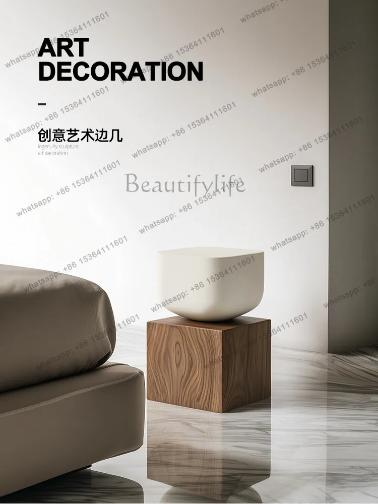YJ High-end Square Color Contrast Solid Wood Stool Italian Minimalist Creative Sofa End Table Bedside Corner Side Coffee Table