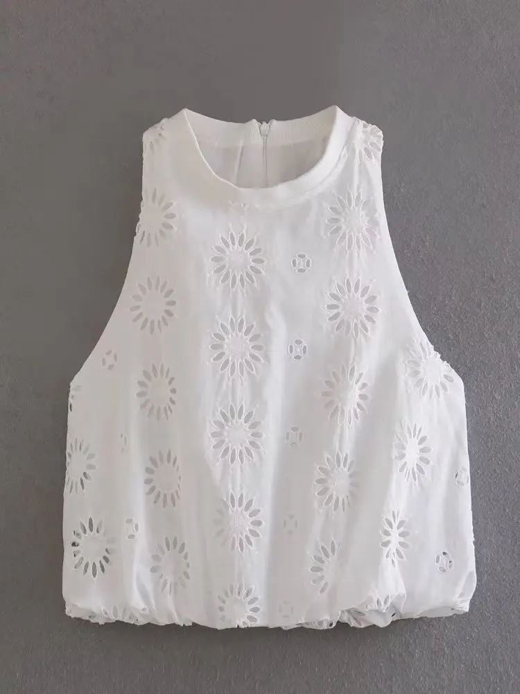 

Kumsvag 2023 Women Summer Blouses Shirts Tops Sweet White Hollow Out Embroidery Sleeveless Female Elegant Street Short Top Cloth