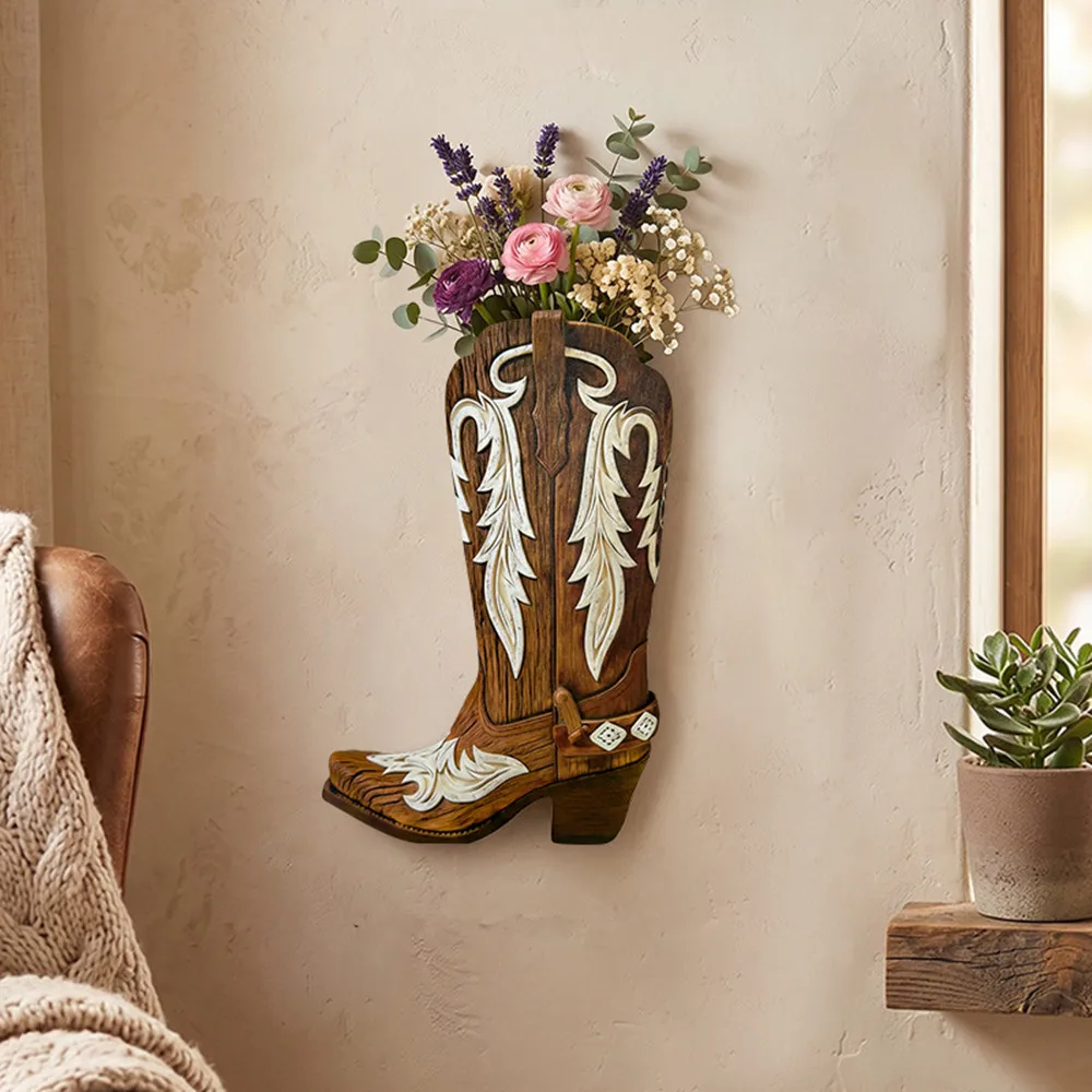 Vintage Brown Wooden Cowboy Boot Wall Vase, Embossed Pattern Wall Mounted Flower Holder, Western Farmhouse Wall Hanging Decor