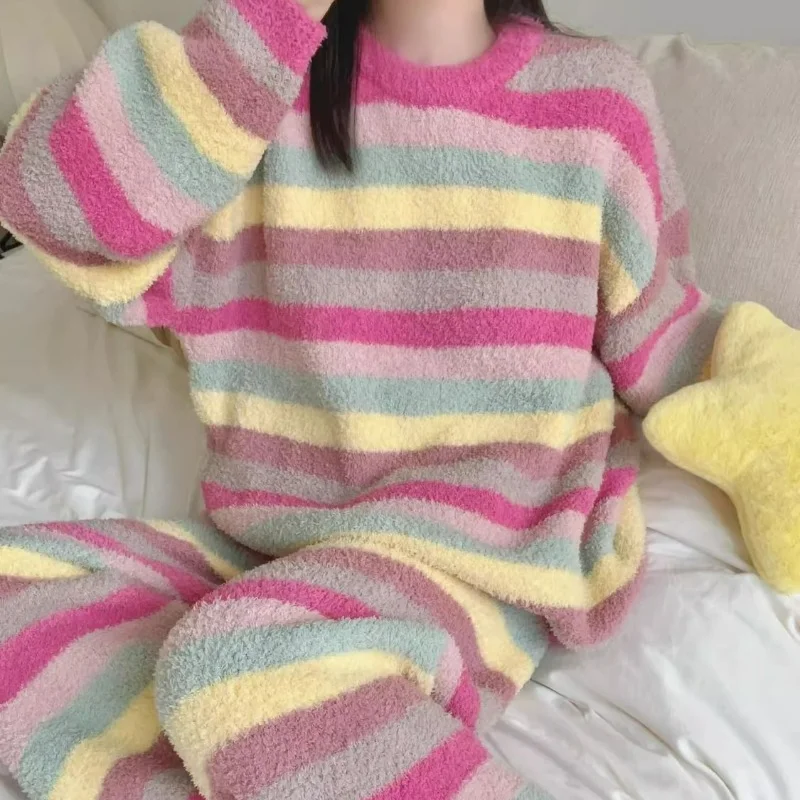 Thickened Rainbow Striped Coral Velvet Pajama for Woman 2024 New Net Red Cute Foreign Style Home Wear Warm Suit Comfortable